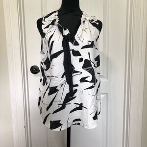 Vince Camuto Womens Tie Neck Sleeveless Blouse Abstract Print Black White Medium